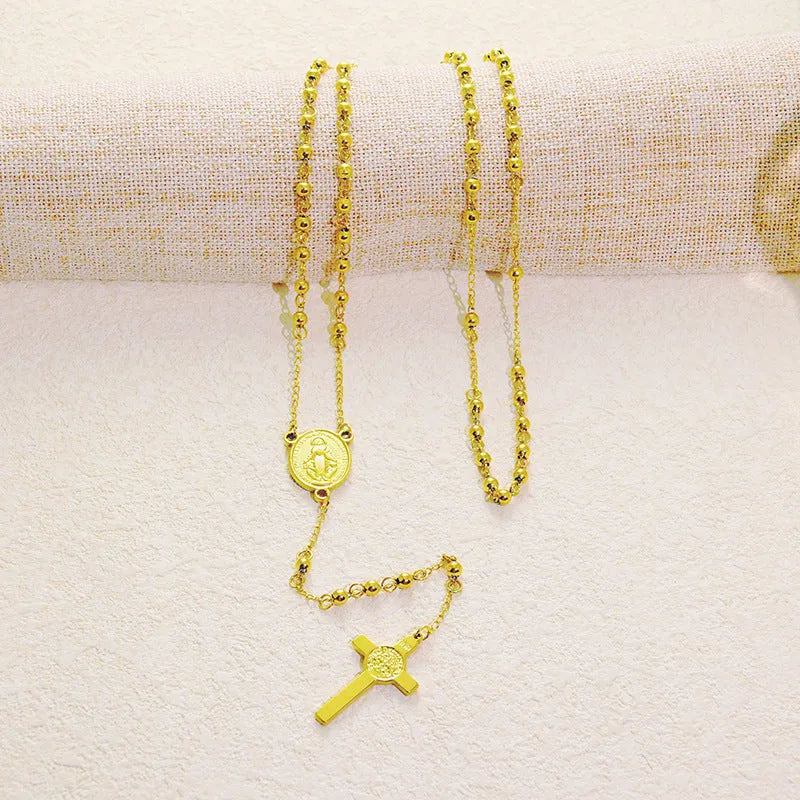 Stainless steel cross pendant necklace in golden colour with a priest pendant design on a simple chain