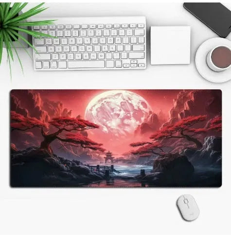 Large custom anime print gaming mouse pad on a desk with keyboard and mouse.