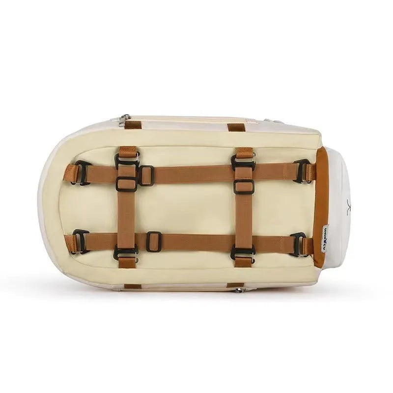 Beige hard-shell portable cat carrier flight case with one-shoulder strap, dimensions 43cm by 25cm by 22.5cm.