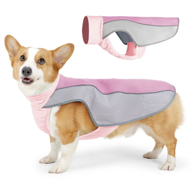 Polyester dog cooling vest shown in light grey colour with sizing measurements displayed