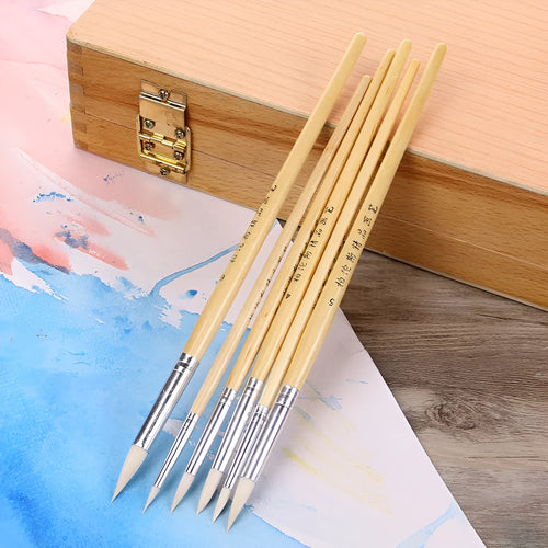 Six pointed wooden-handle wool brushes for detailed artistic line work.