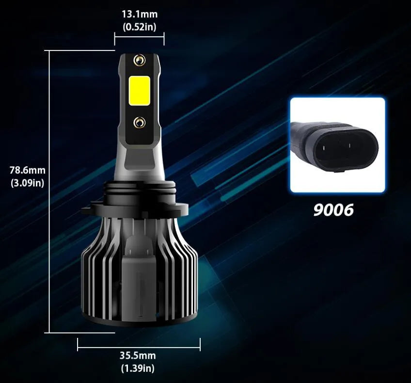 6000K white LED car headlight bulb kit showing compact size and connector for H7 H11 9005 fitments