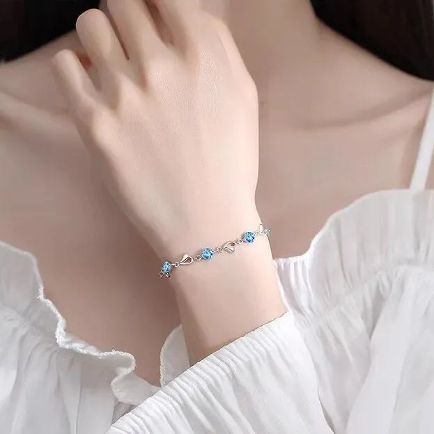 Blue diamond heart necklace and bracelet jewellery set with geometric pendant on 41-50cm adjustable chain