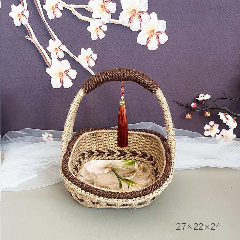 Hand-woven hemp rope basket in natural straw measuring 19cm by 12cm in coffee brown colour