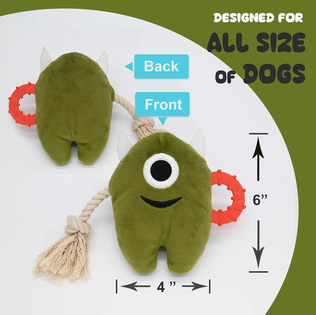 Blue and green dog chew toy with plush body and rope sections