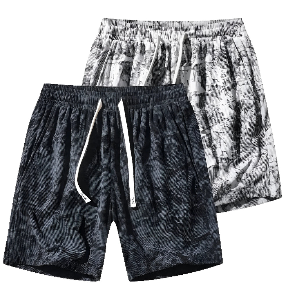 Men's camouflage patterned corduroy shorts with elastic high waistband in straight leg cut.