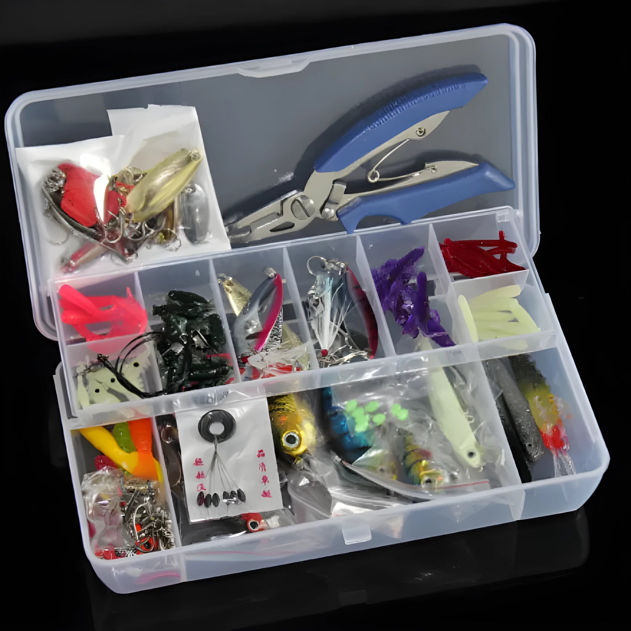 132-piece fishing lure set with soft baits and high carbon steel hooks in rose red colour