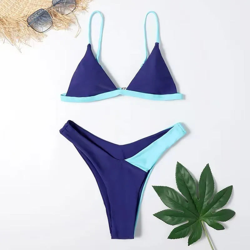 Women's two-piece nylon swimsuit briefs in European American style on a mannequin.