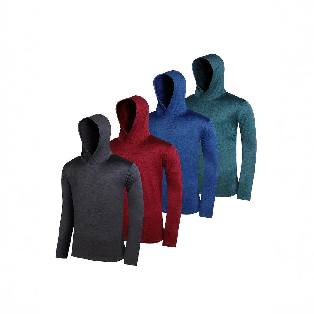Four men's lightweight polyester hoodies folded showing different colours and both hooded and non-hooded styles