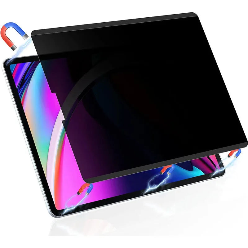 Magnetic iPad privacy screen protector with paper-like texture and magnetic storage clip for multiple iPad models