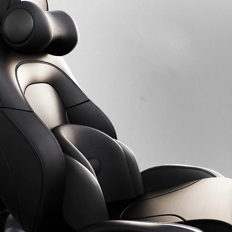 Classic black memory cotton car massage cushion shown as a headrest and lumbar support on a car seat.