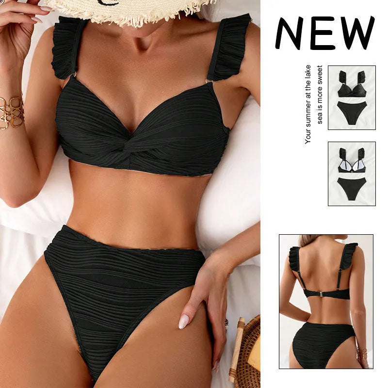 Solid colour women's bikini swimsuit set in black or khaki polyester fabric