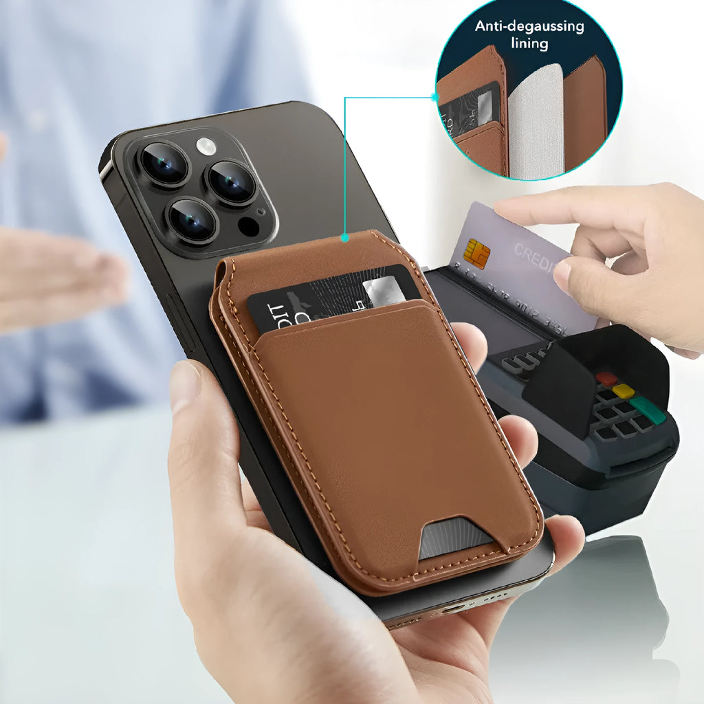 Magnetic card holder phone case for iPhone 14 Pro Max in black with a card inserted in the holder on the back