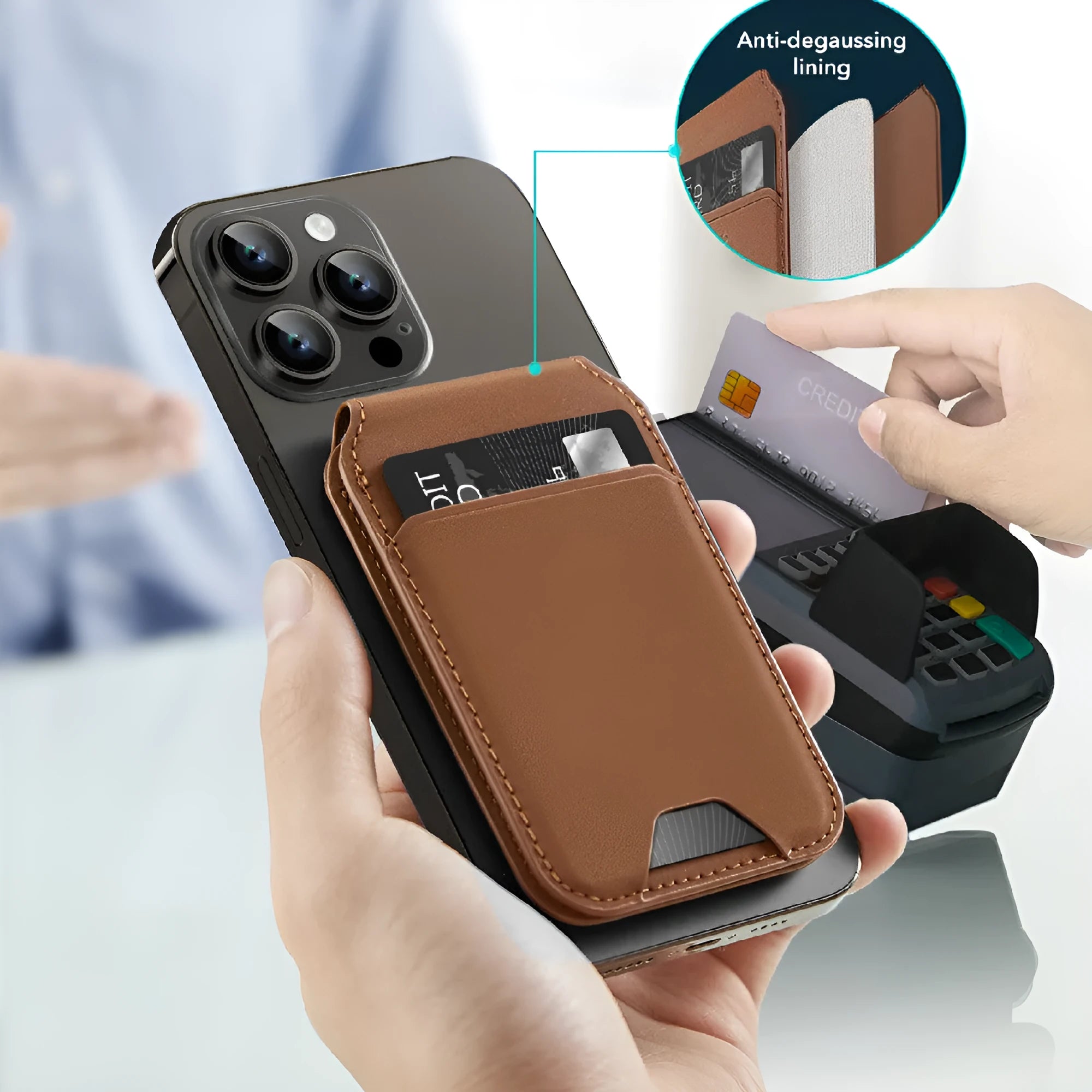 Magnetic card holder phone case for iPhone 14 Pro Max in black with a card inserted in the holder on the back