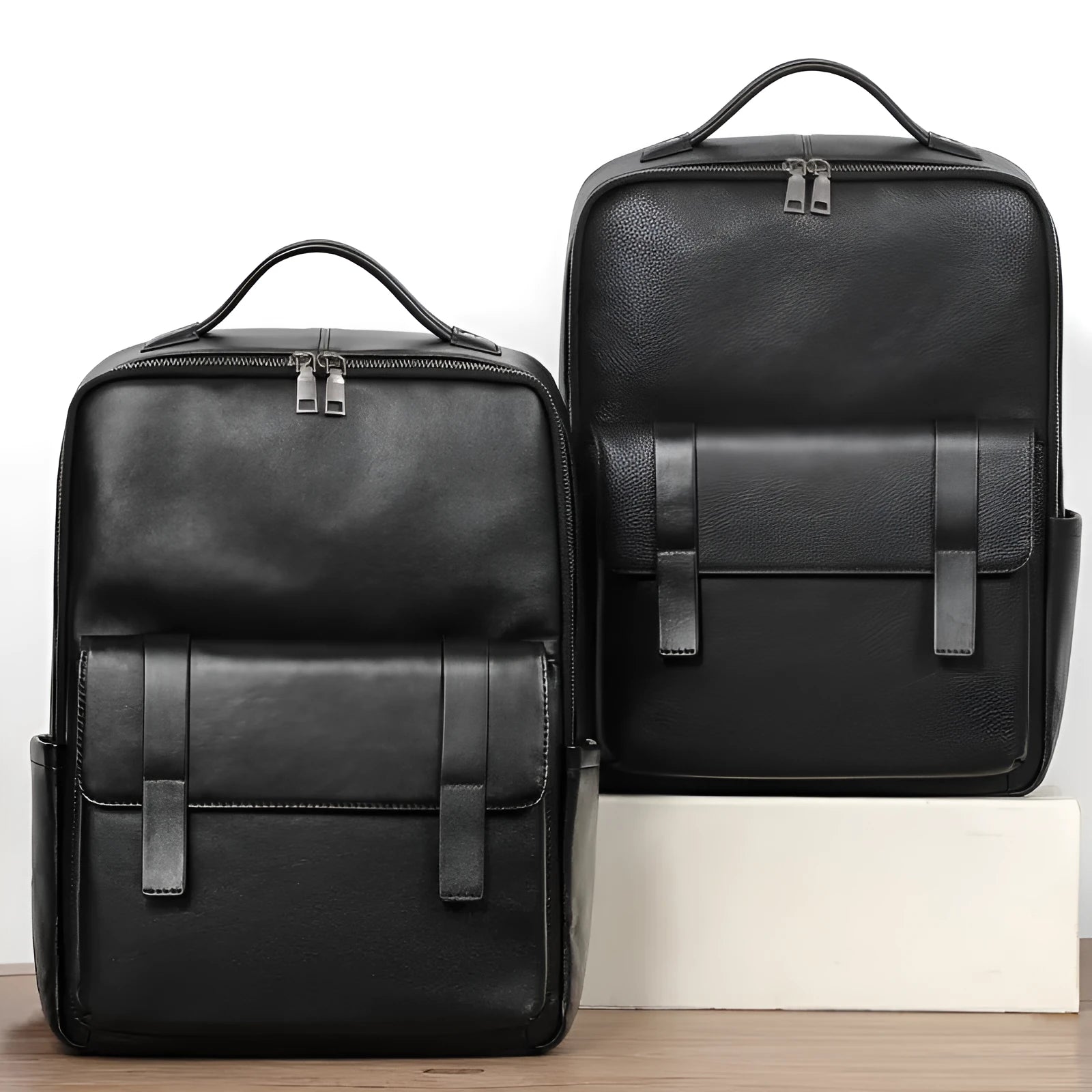 Black genuine leather men's computer backpack with woven details, shown open