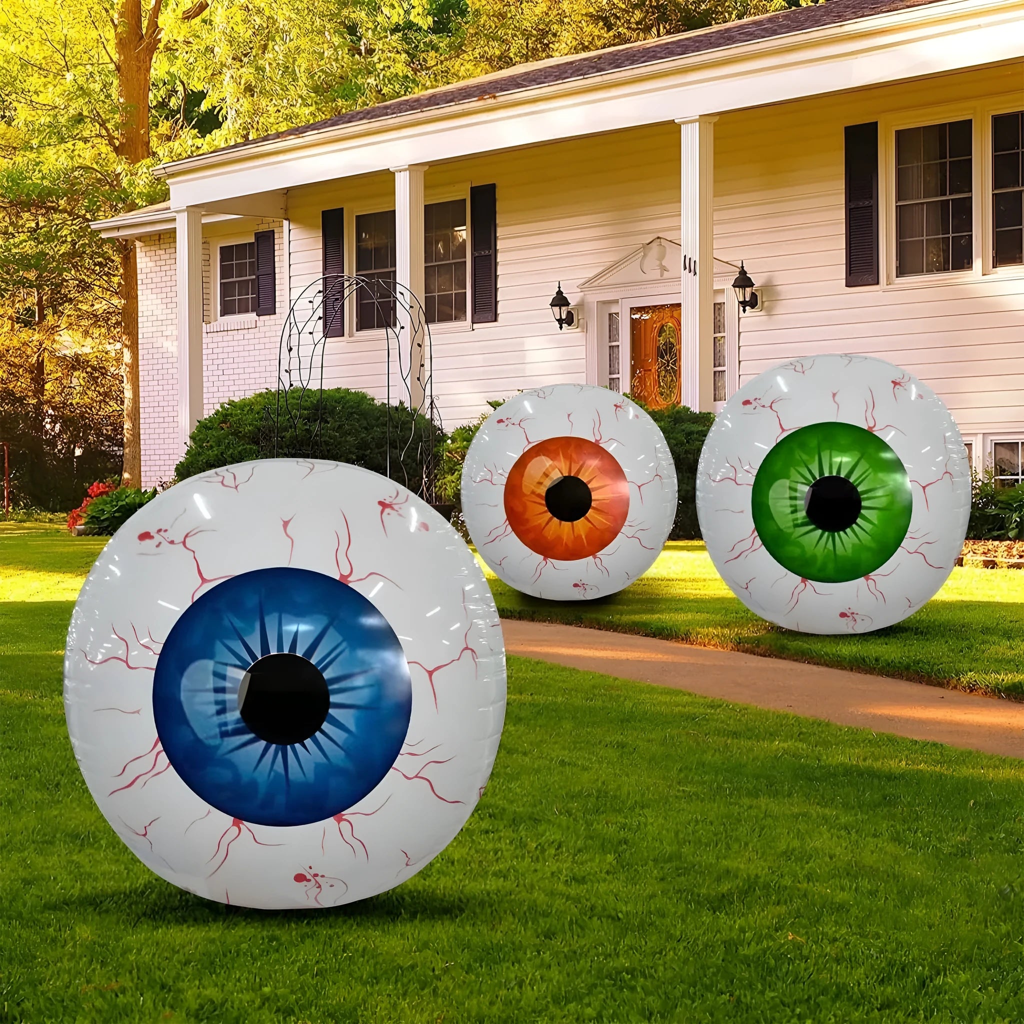 Green Halloween eyeball balloon inflatable with red bloodshot pattern design