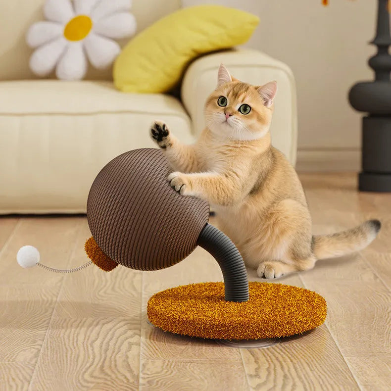 Anti-scratch cat toy tumbler with hemp rope construction and food-dispensing function
