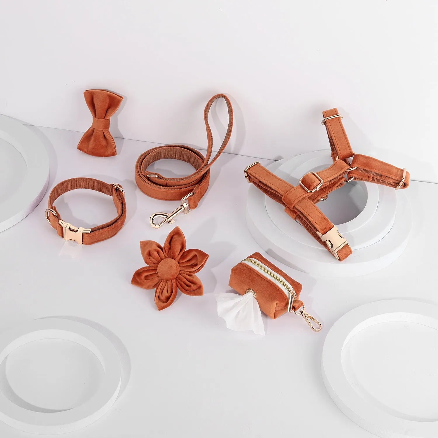 Classic velvet pet collar and traction rope harness set with decorative bow tie and flower for dogs and cats