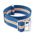 Nylon woven canvas watch strap with silver buckle in blue white colour, 22mm width on a watch