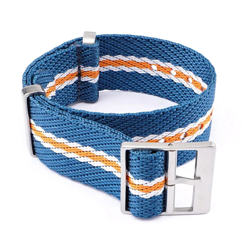 Nylon woven canvas watch strap with silver buckle in blue white colour, 22mm width on a watch