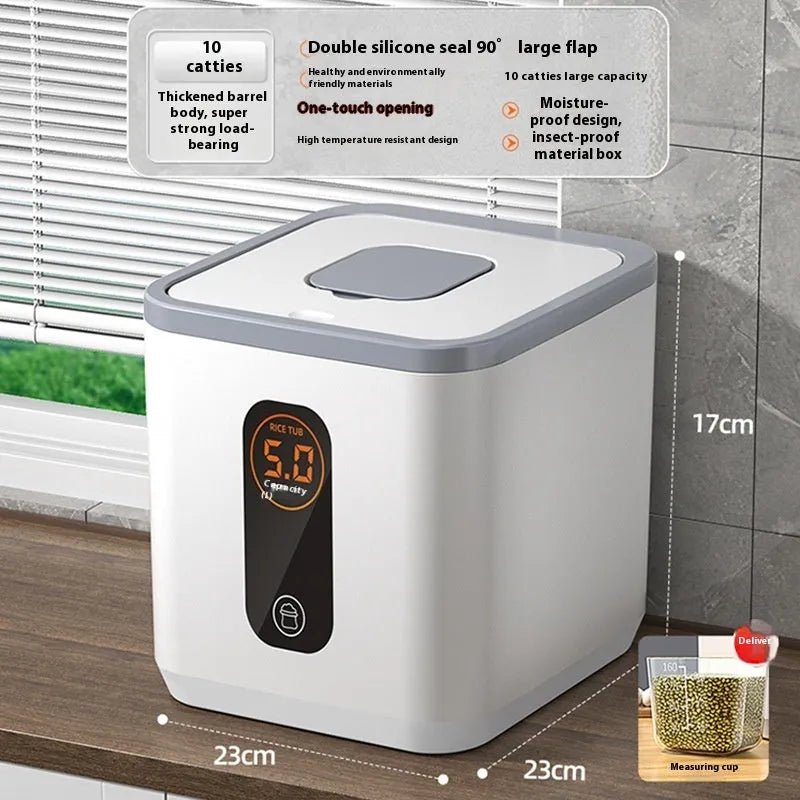 Grey plastic rice storage jar with a sealed lid and a measuring cup