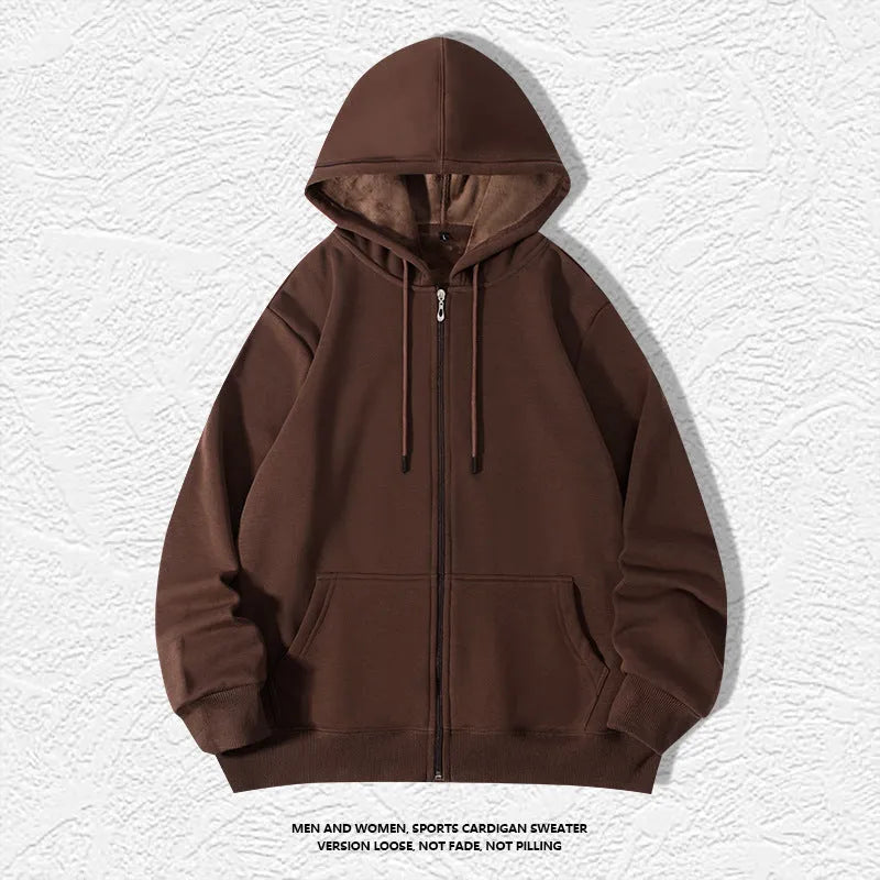 Men's plus size zipper hooded sweater in charcoal grey, showing front zipper and top stitching pockets