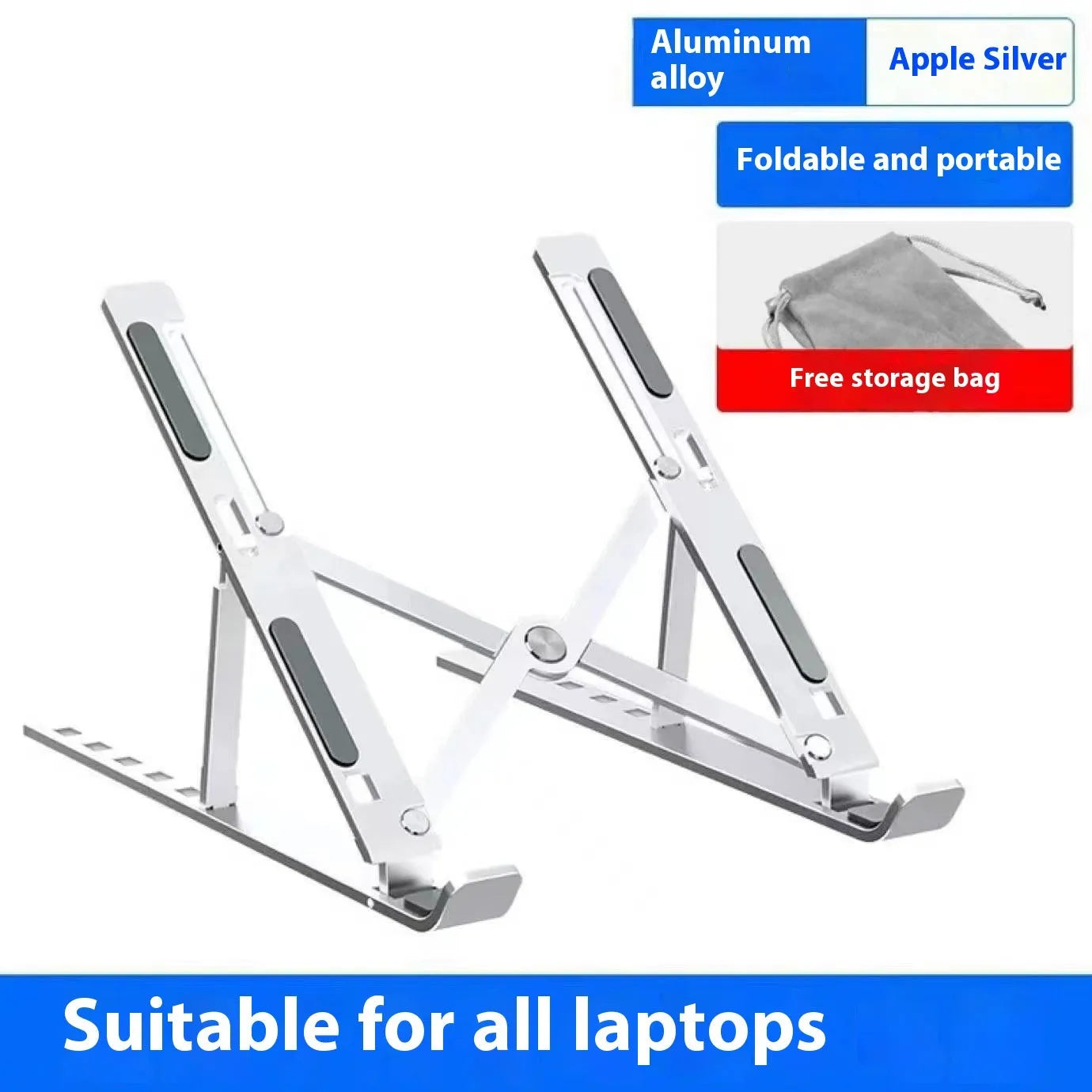 Silver aluminium alloy folding laptop stand with black silicone pads on a wooden desk.