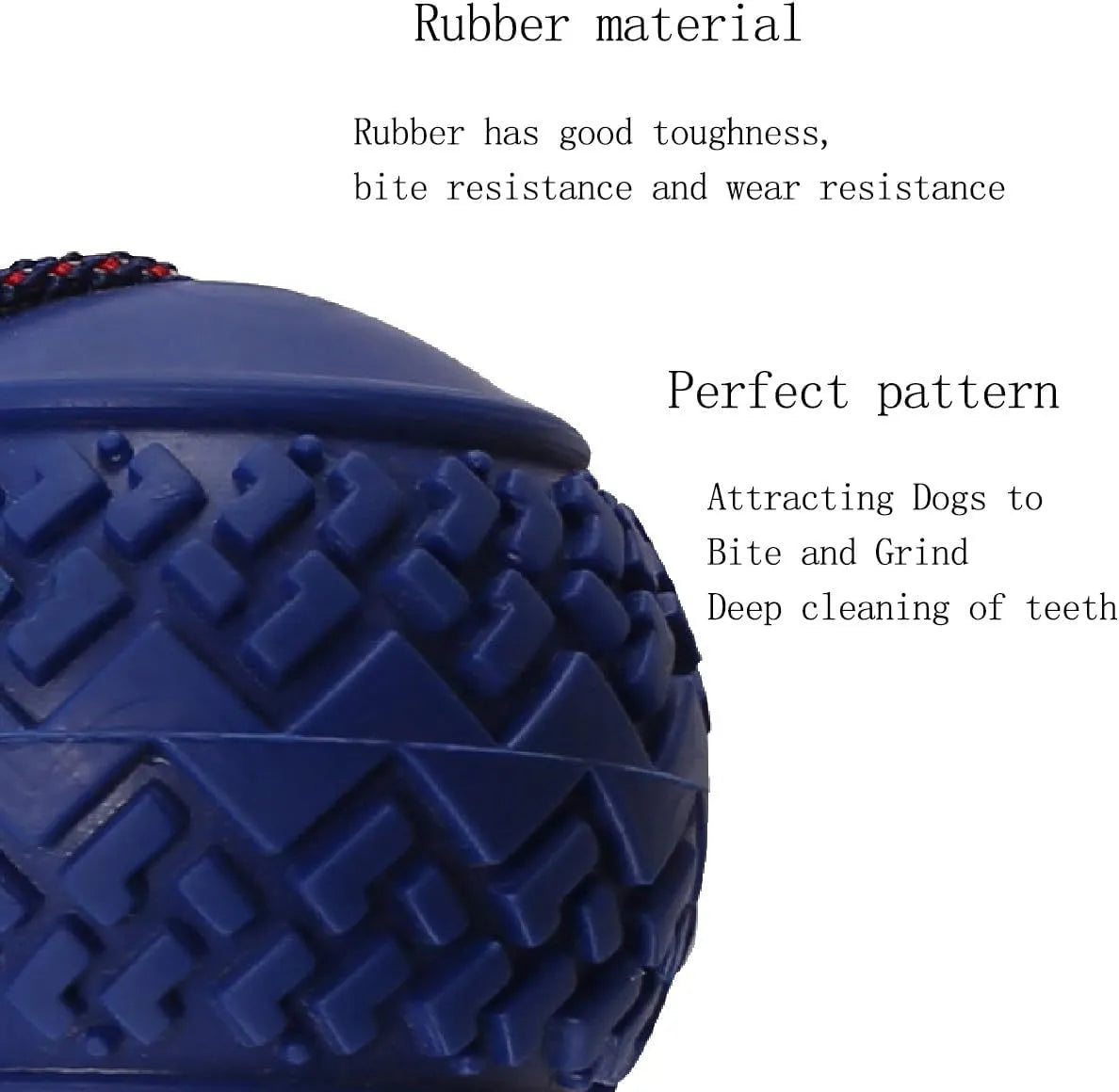 Blue or red natural rubber dog ball on rope toy measuring 29cm total length with 6.5cm diameter ball