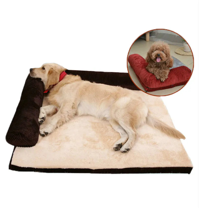 Corduroy dog sofa bed with raised sides in grey colour, showing non-slip base and cushioning.