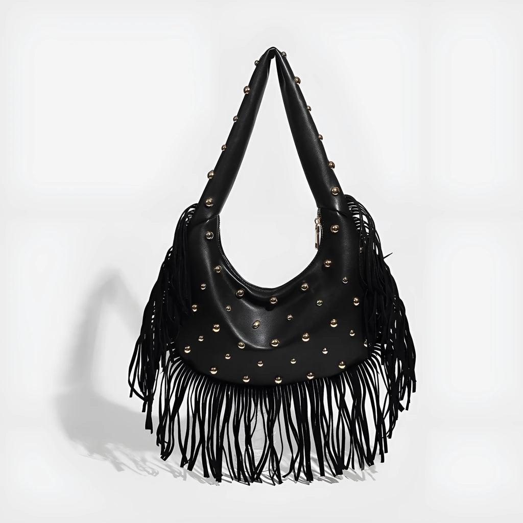 Retro black tassel shoulder handbag showing internal mobile phone pocket and decorative tassel detail.