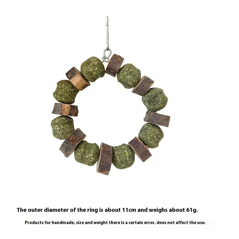 Hamster chew toy with applewood stick and decorative straw ball ring for small pets