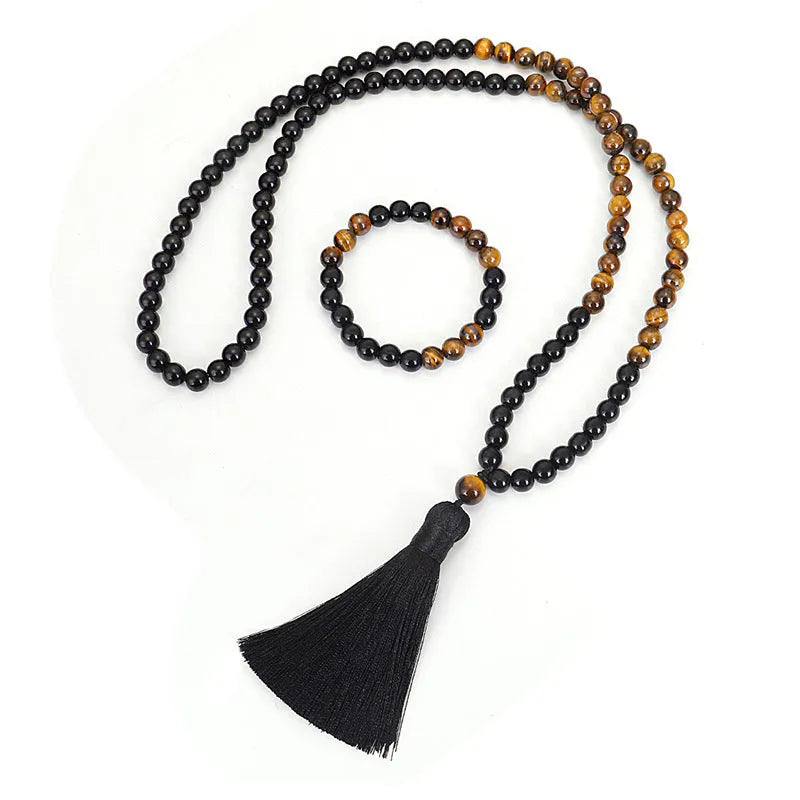 Handmade tiger eye stone tassel sweater chain necklace and bracelet with 81cm circumference