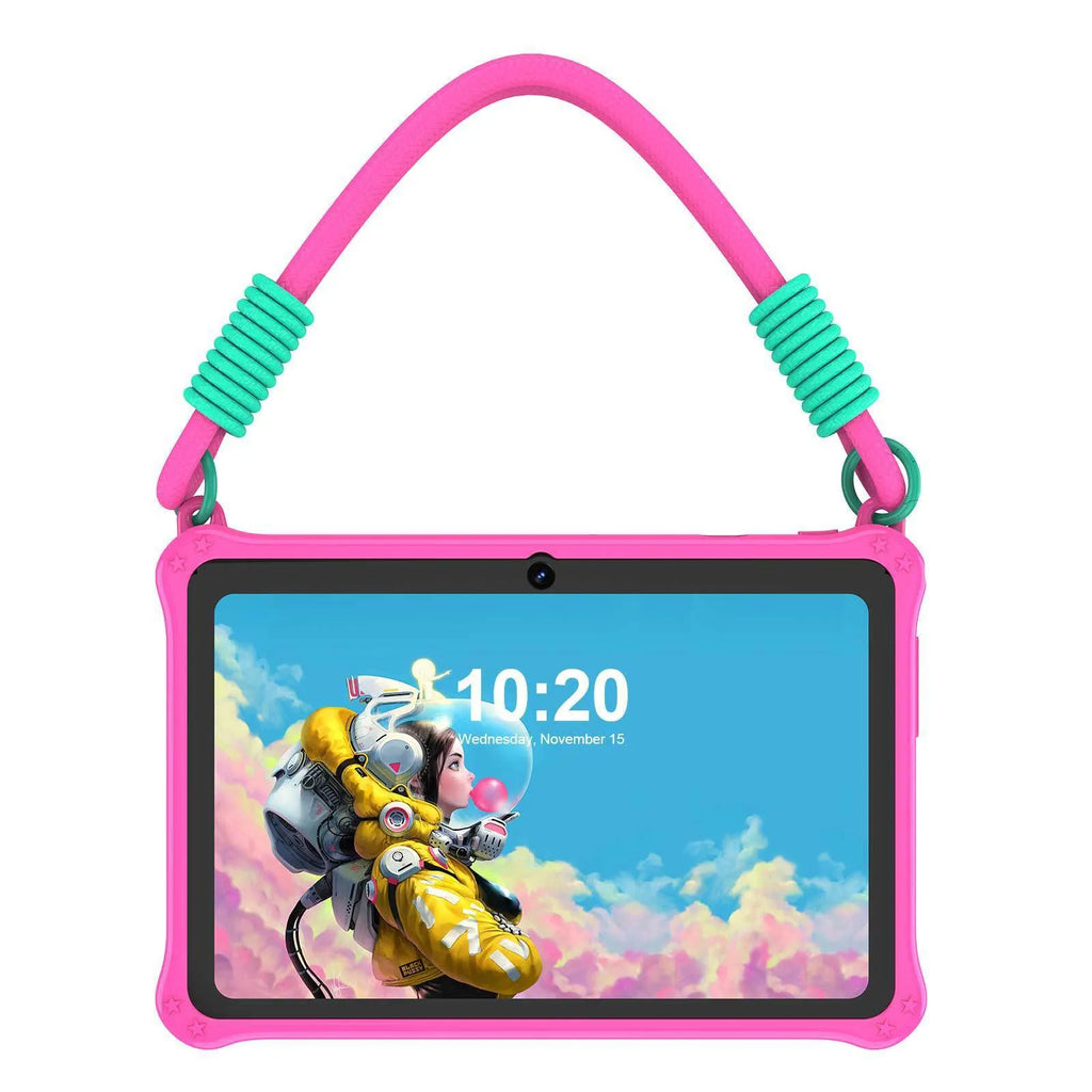 Blue silicone protective case for 7-inch children's tablet with flat carrying strap