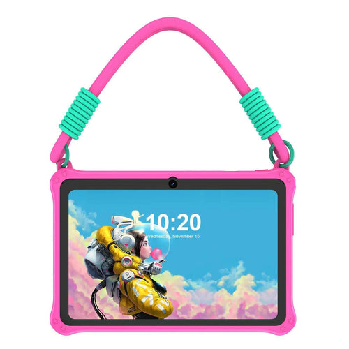Blue silicone protective case for 7-inch children's tablet with flat carrying strap