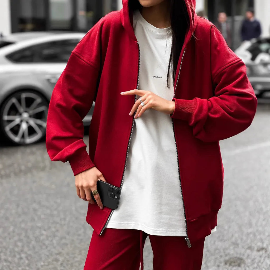 Women's loose fit street style two-piece set with long-sleeved coat and trousers in grey