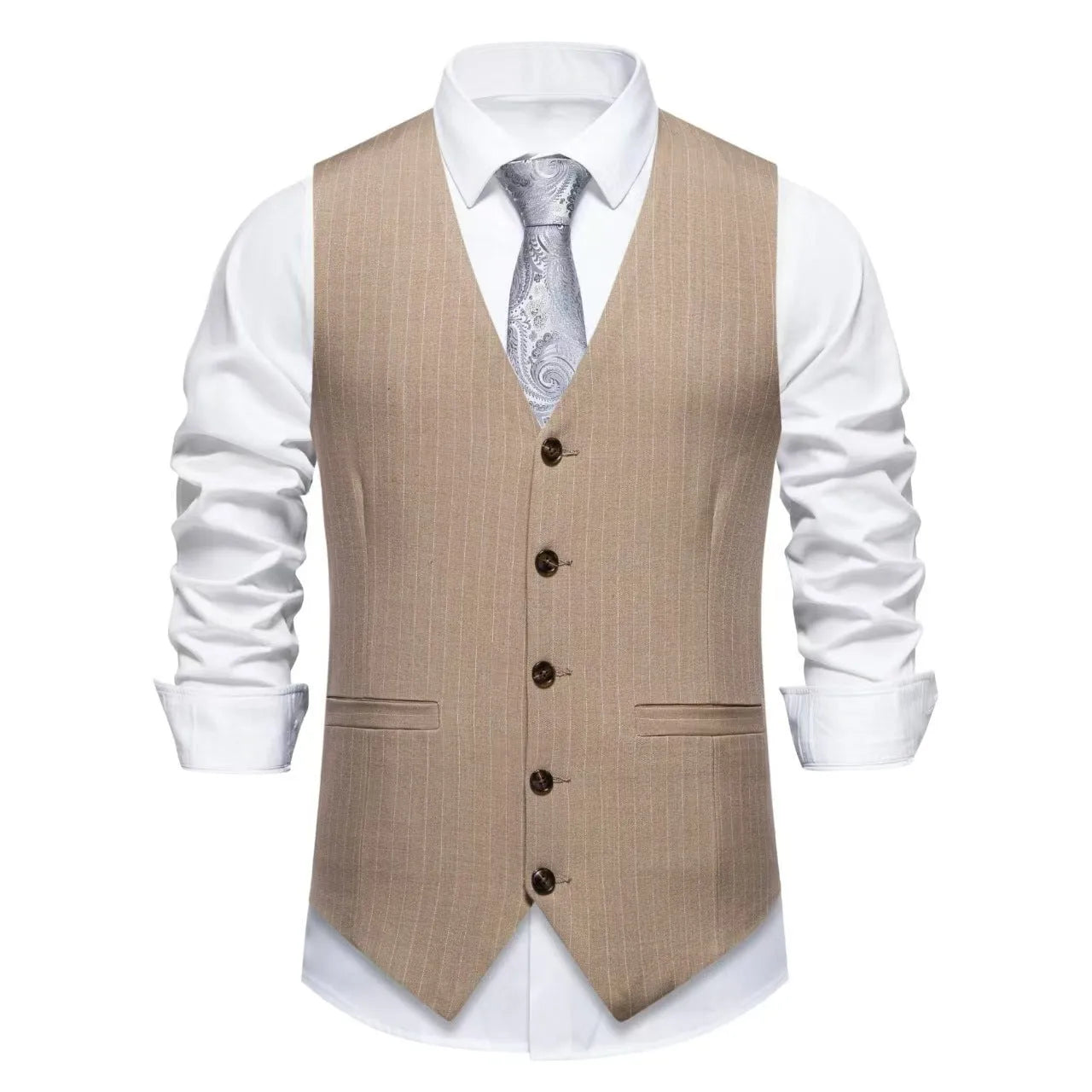 Men's striped suit vest with miter bottom hem in red, black, or khaki colour options