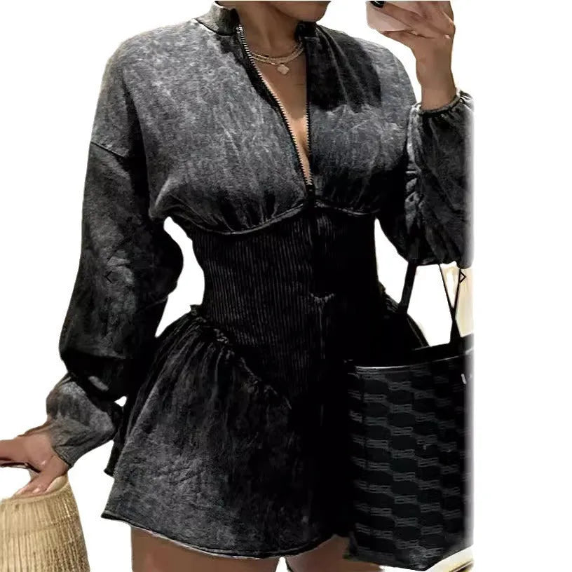 Grey digital print A-line women's dress with slim fit and long sleeves.