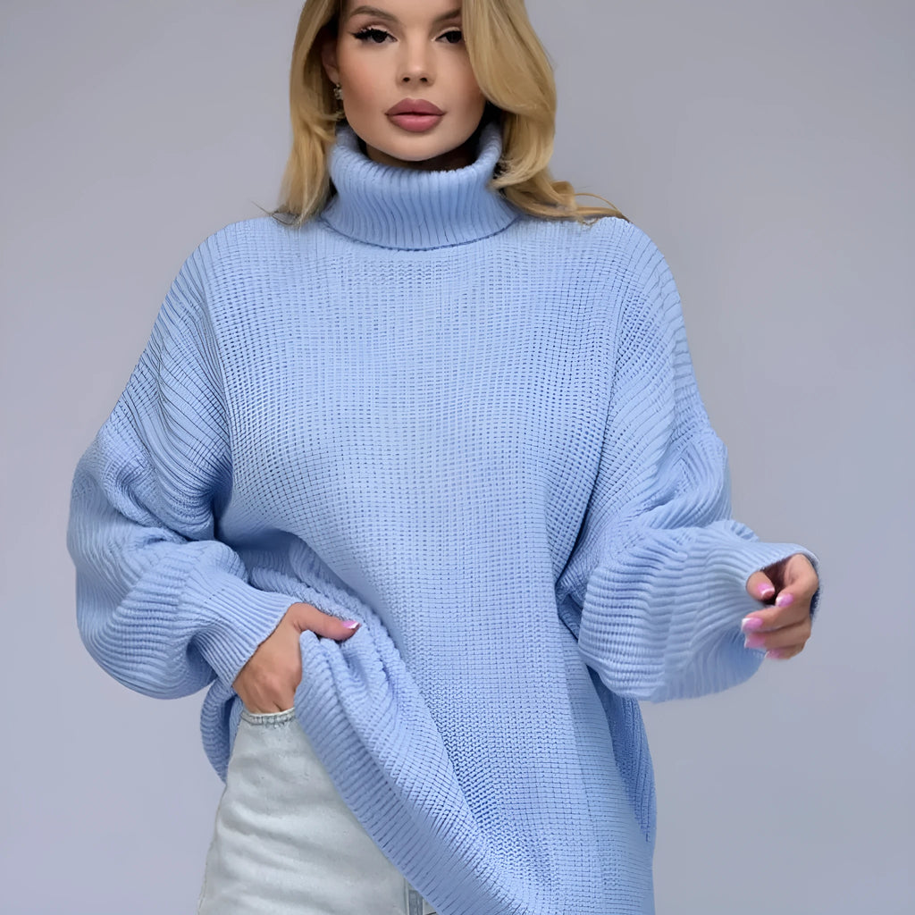 Women's thick imitation cashmere high neck pullover sweater in loose fit with 3D pattern detail