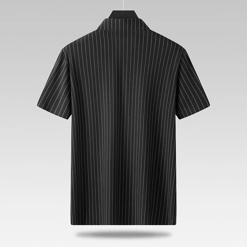 Men's black plus-size striped casual shirt with square collar in loose cardigan fit
