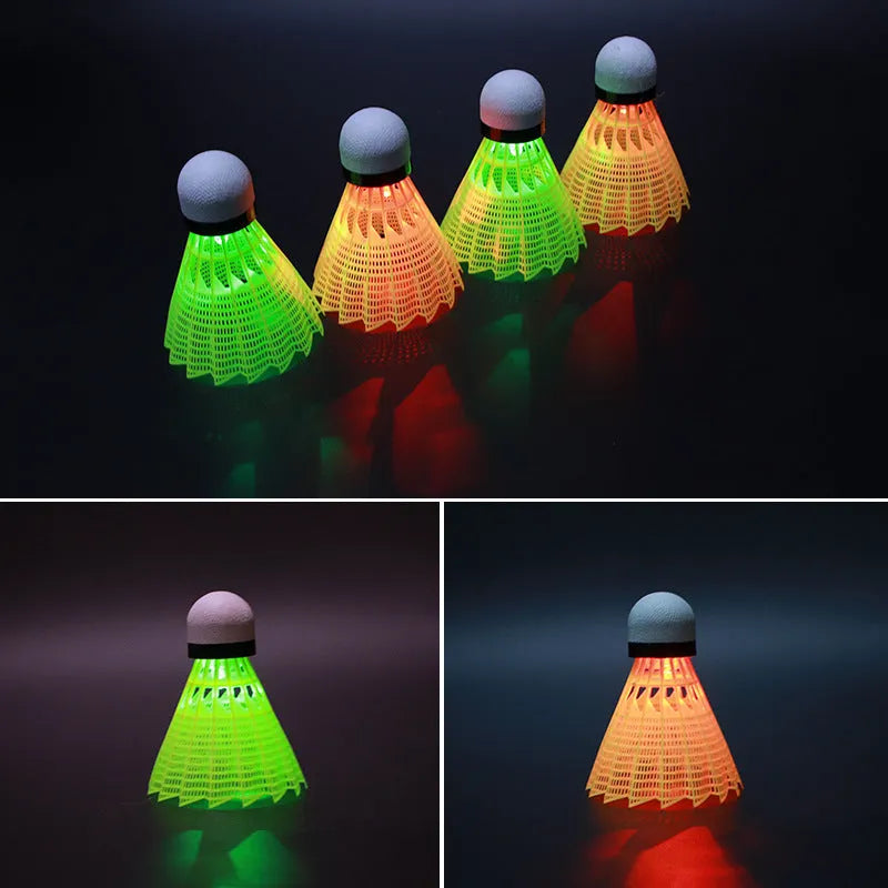 Luminous badminton shuttlecock with green glow, nylon construction, lying on court surface