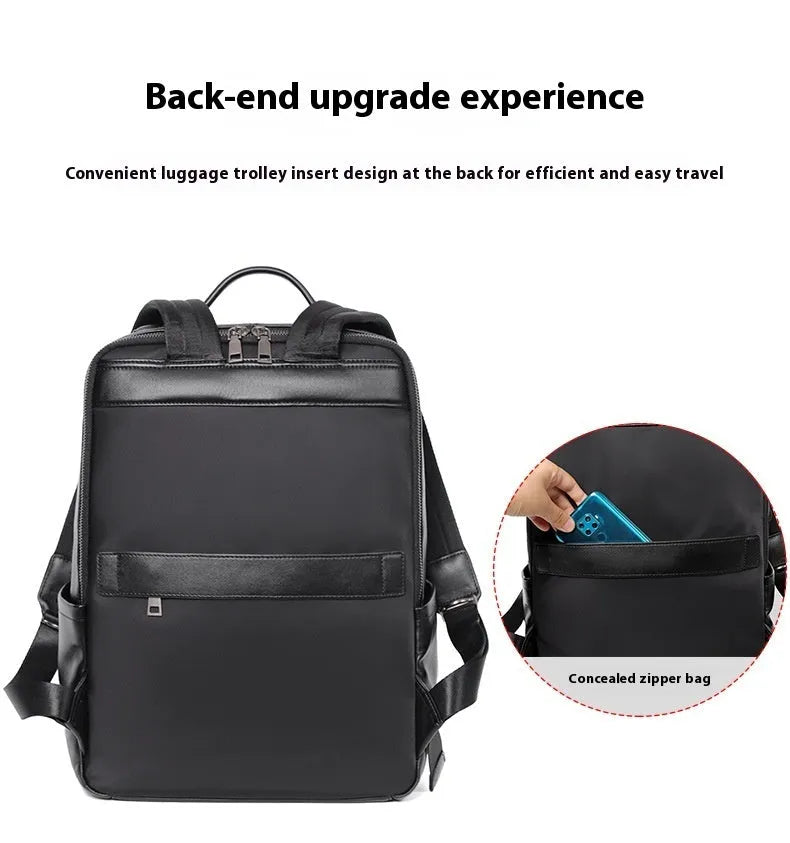 Black genuine leather men's computer backpack with woven details, shown open