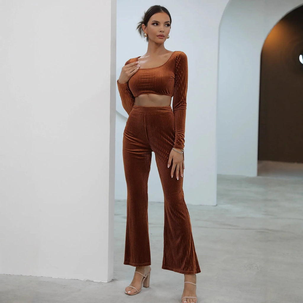 Caramel coloured long sleeve sweater and trouser casual set with Asian sizing options