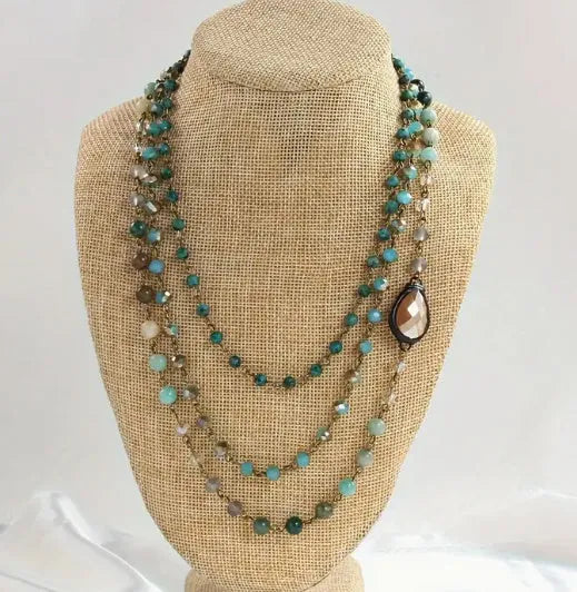 Handmade bohemian multi-layer necklace with natural stone and glass drop-shaped beads in blue-green colour