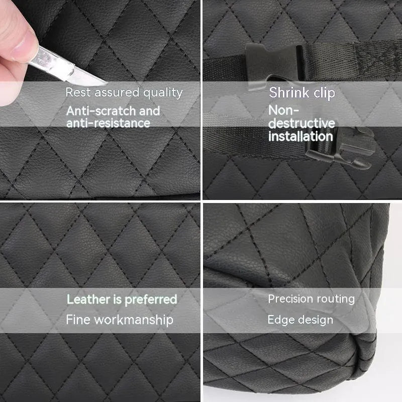 Black leather hanging storage bag for car interior, shown with dimensions 25cm by 25cm.