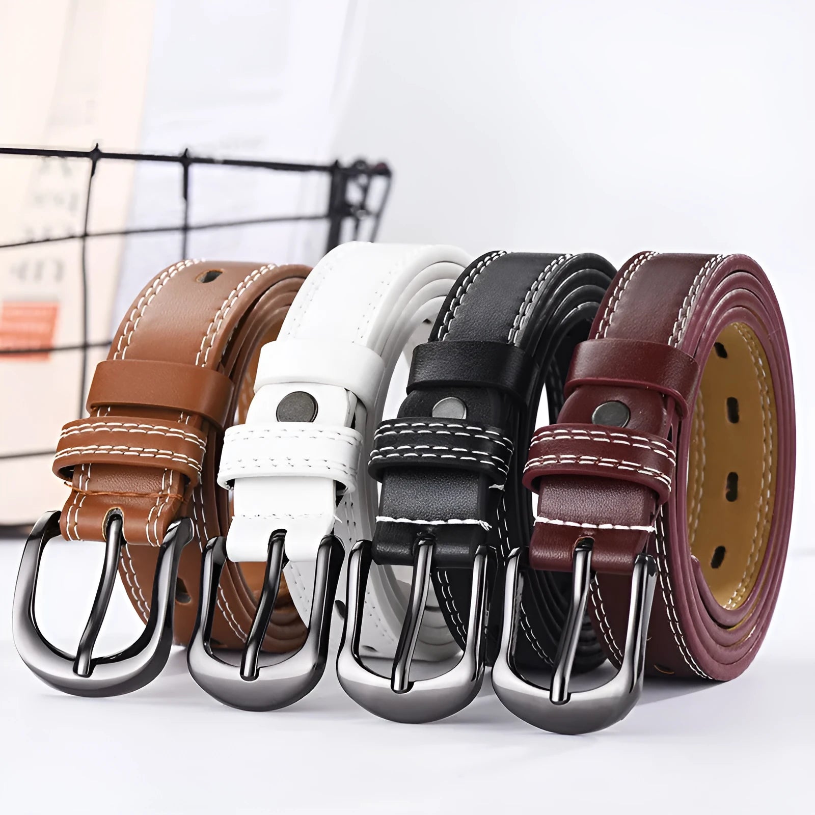 Thin imitation leather belt with hollow-out square buckle in five colours, 105cm length