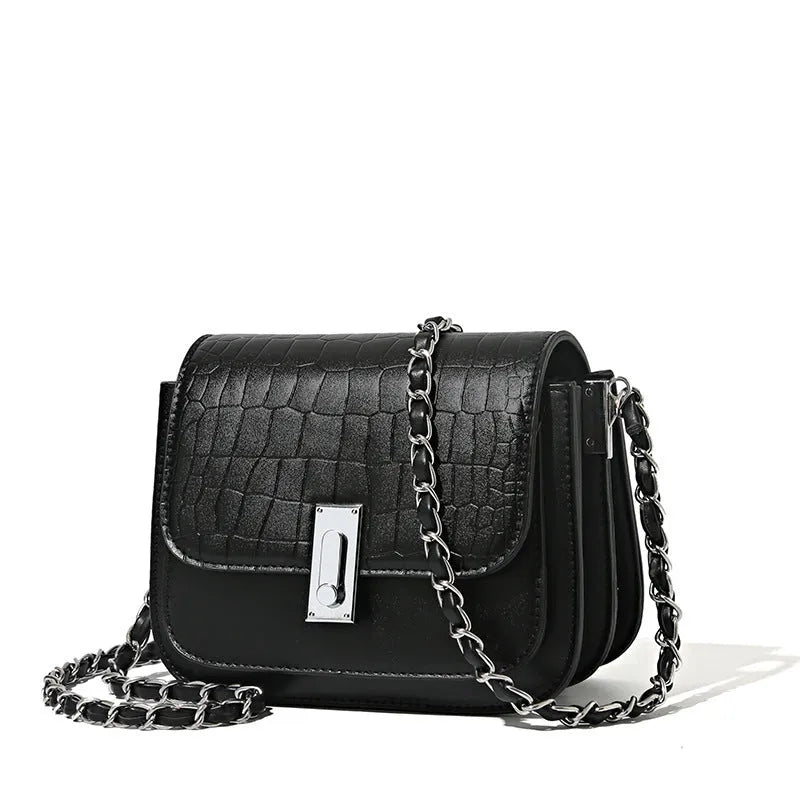 Women's soft PU leather shoulder bag with chain strap in horizontal square shape showing sandwich pocket design