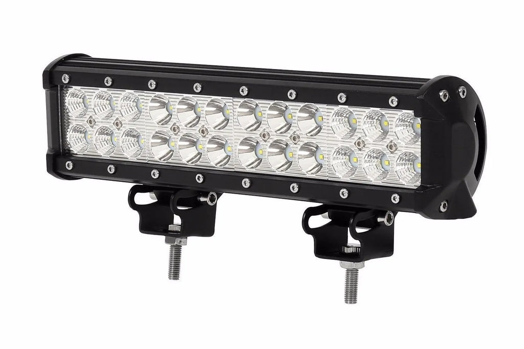 Black aluminium alloy 72W dual row LED roof light bar for off-road vehicles.