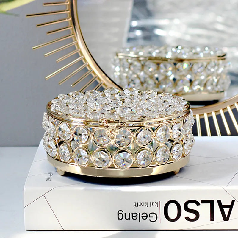 French gold metal jewellery storage box with transparent crystal glass lid and European decorative styling