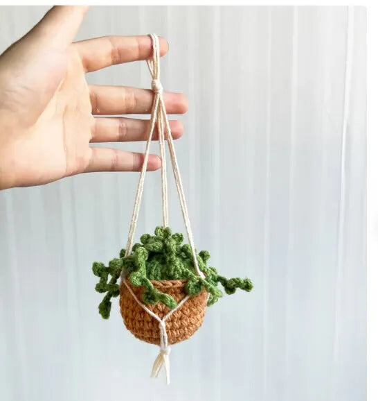 Green and white knitted wool car plant decoration hanging from a rope.