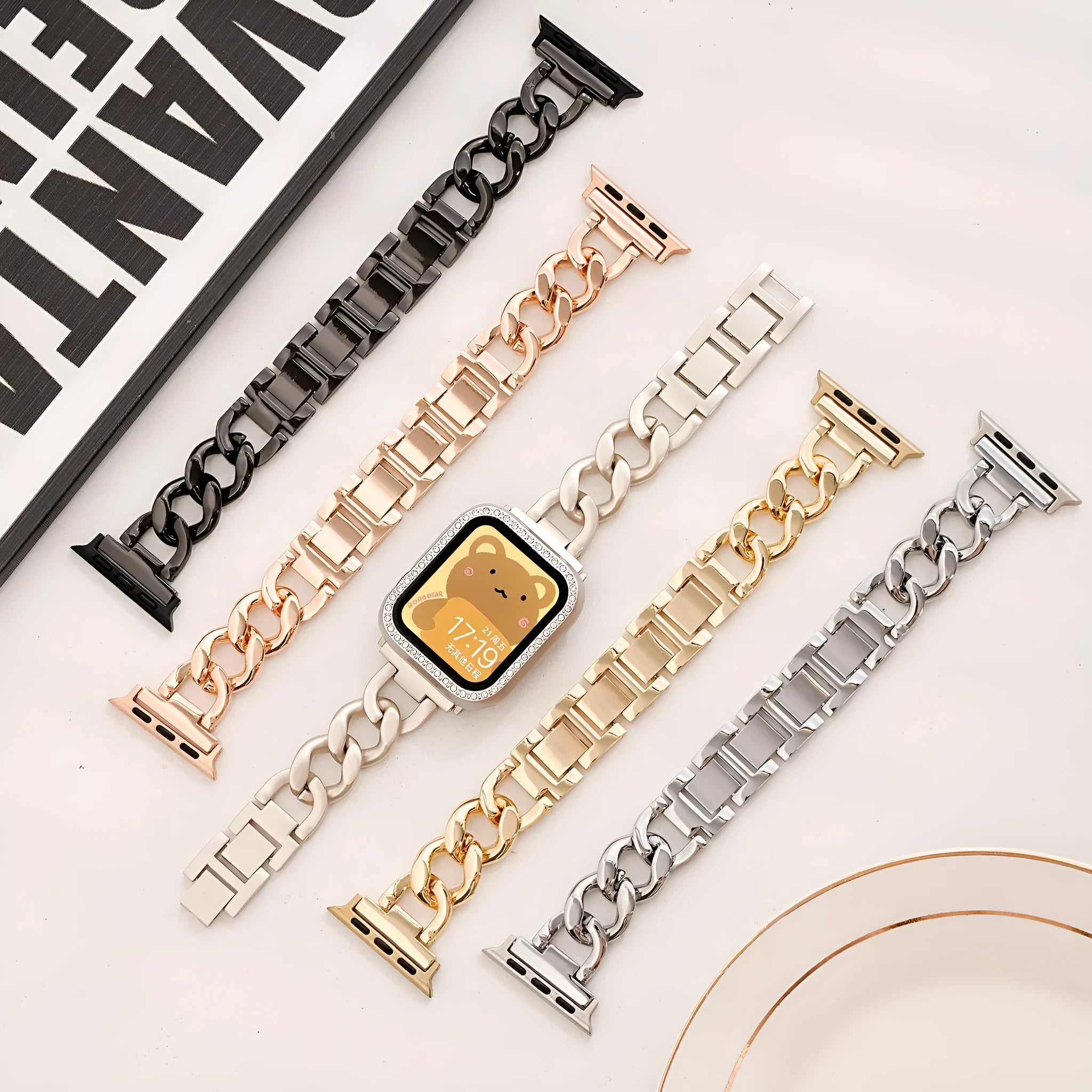 Metal denim chain replacement strap for Apple Watch in silver, showing 22mm lug width.
